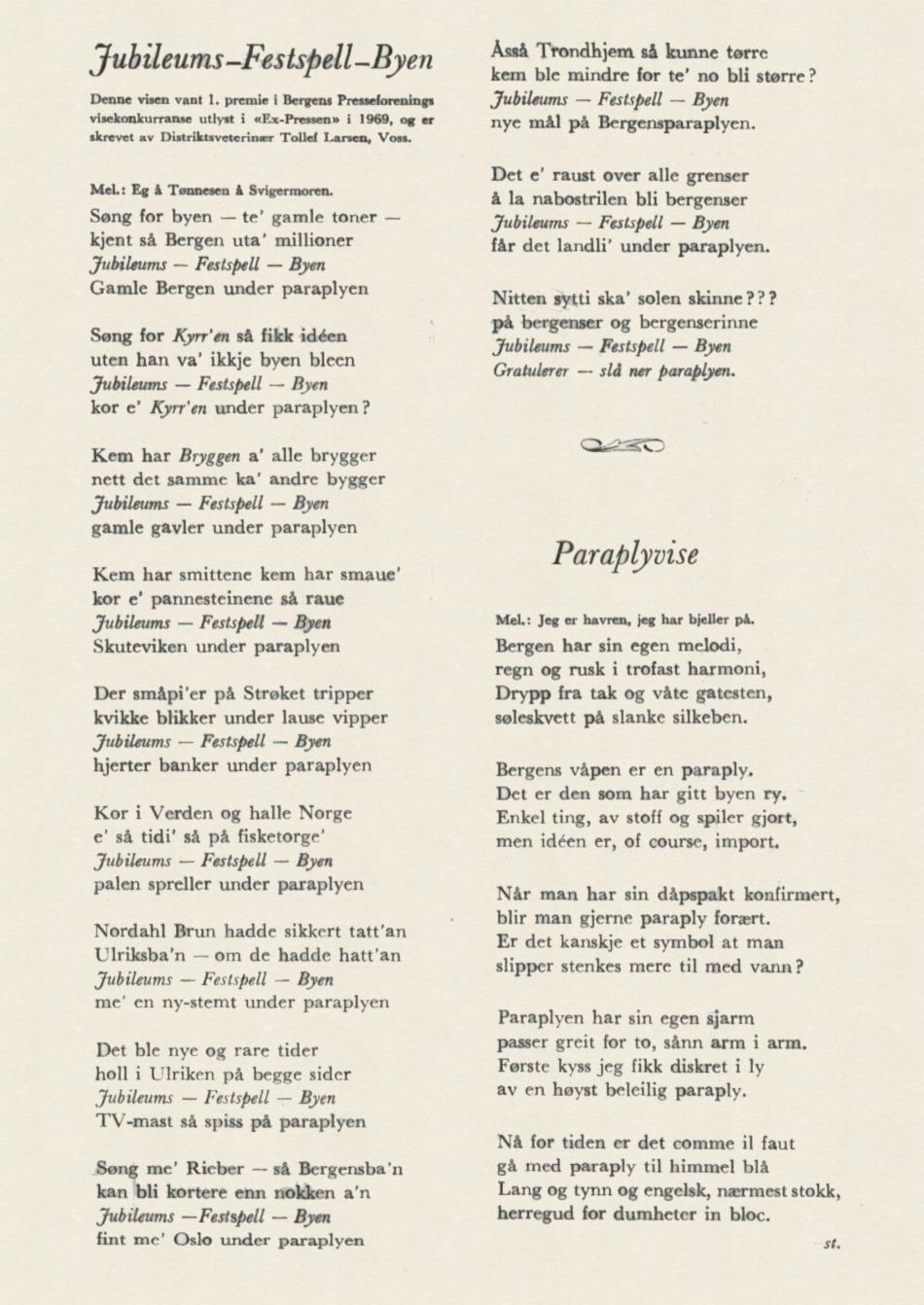 Regnværsviser fra paradeheftet. «Jubileums-Festspell-byen» av distriktsveterinær Tollef Larsen fra Voss vant Bergens presseforenings visekonkurranse i forkant av jubileet. Fra Paradeheftet 1970. Arkivet etter Byjubileumskomiteen.