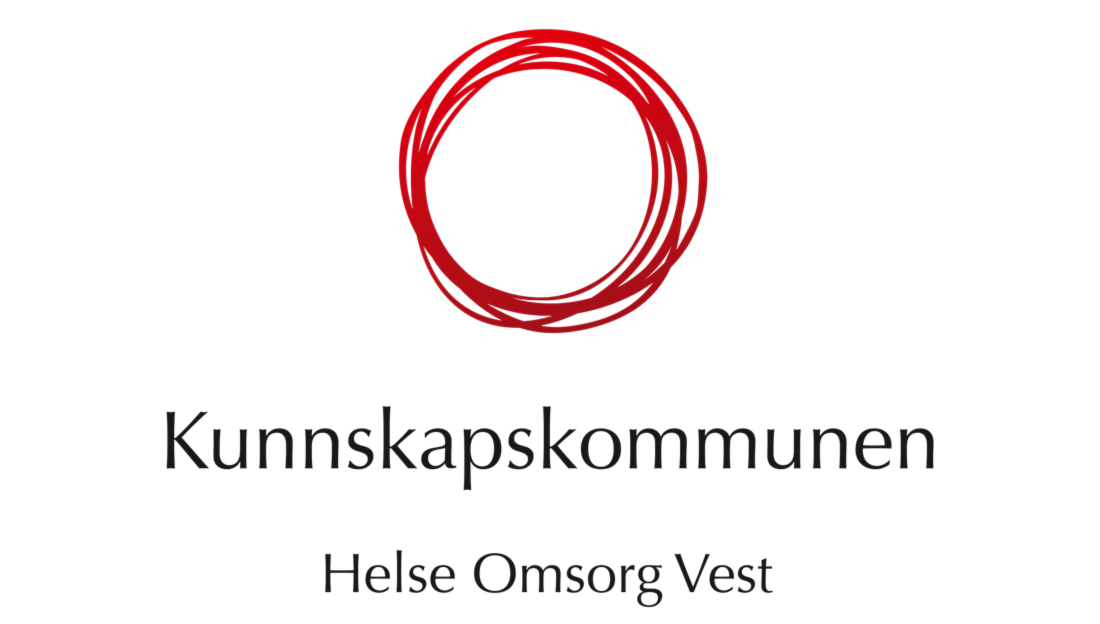 Logo Kunnskapskommunen Helse Omsorg Vest, Rund rød sirkel med svart tekst "Kunnskapskommunen Helse Omsorg Vest" under.